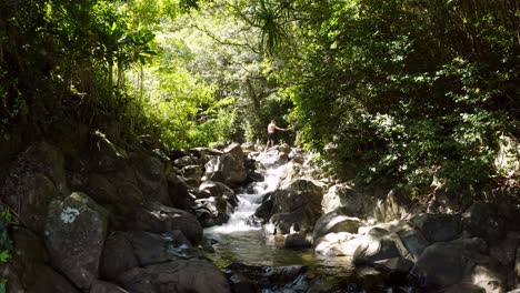 2-travelers-in-the-background-traveling-to-Rainbow-Falls,-Hilo-and-Hamakua