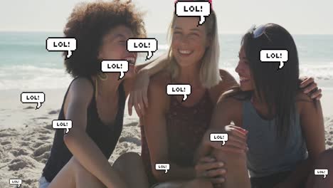 animación de burbujas de habla con texto lol sobre amigas sonriendo en la playa