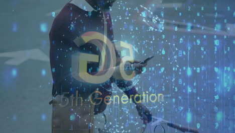 5th generation technology animation over person using smartphone on street