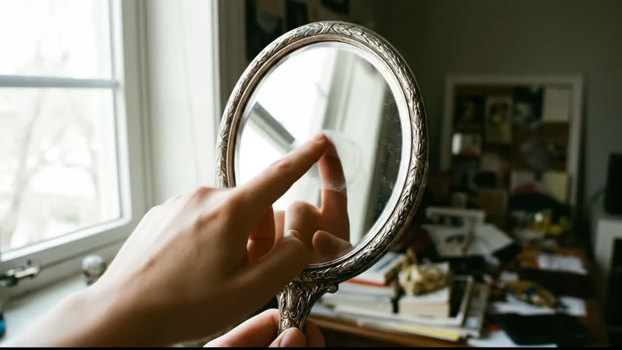 Mano che pulisce una macchia da uno specchio antico decorato