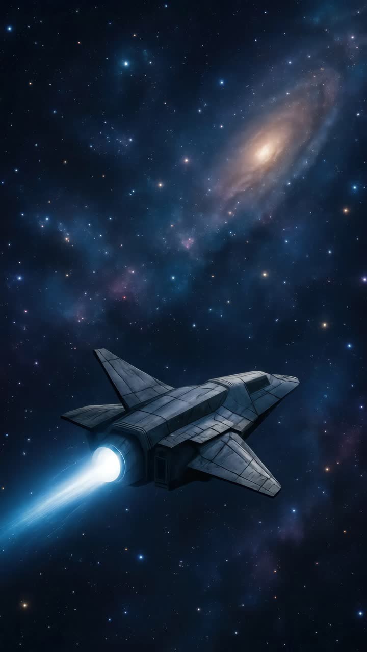 A spaceship travels through a starry galaxy, viewed from a low angle