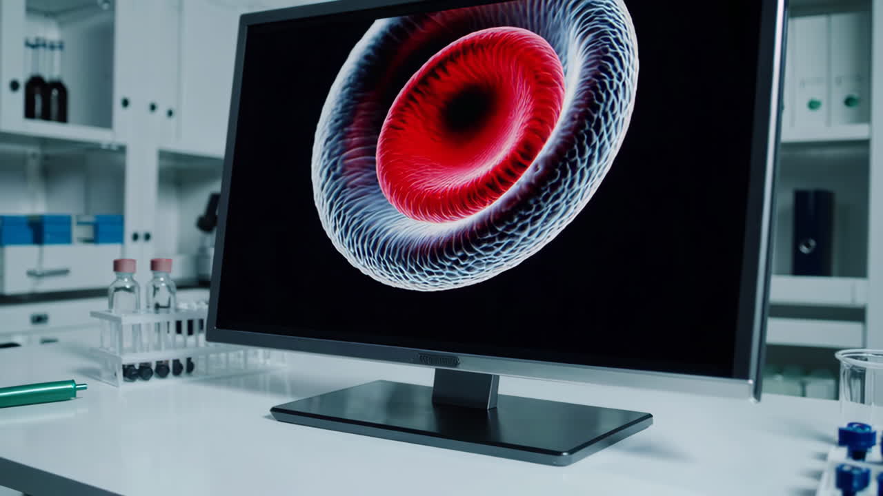 Computer Screen Displaying a 3D Model of a Cell or Molecule in a Laboratory Setting