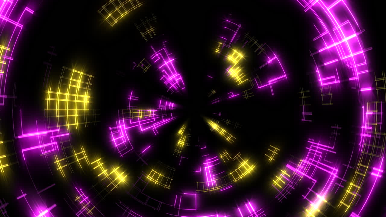Schermo di computer con linee LED digitali al neon ed elementi HUD con effetto glitch