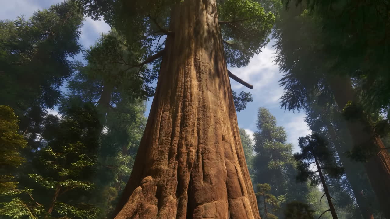 Vista dal basso di un'imponente sequoia in una foresta verde