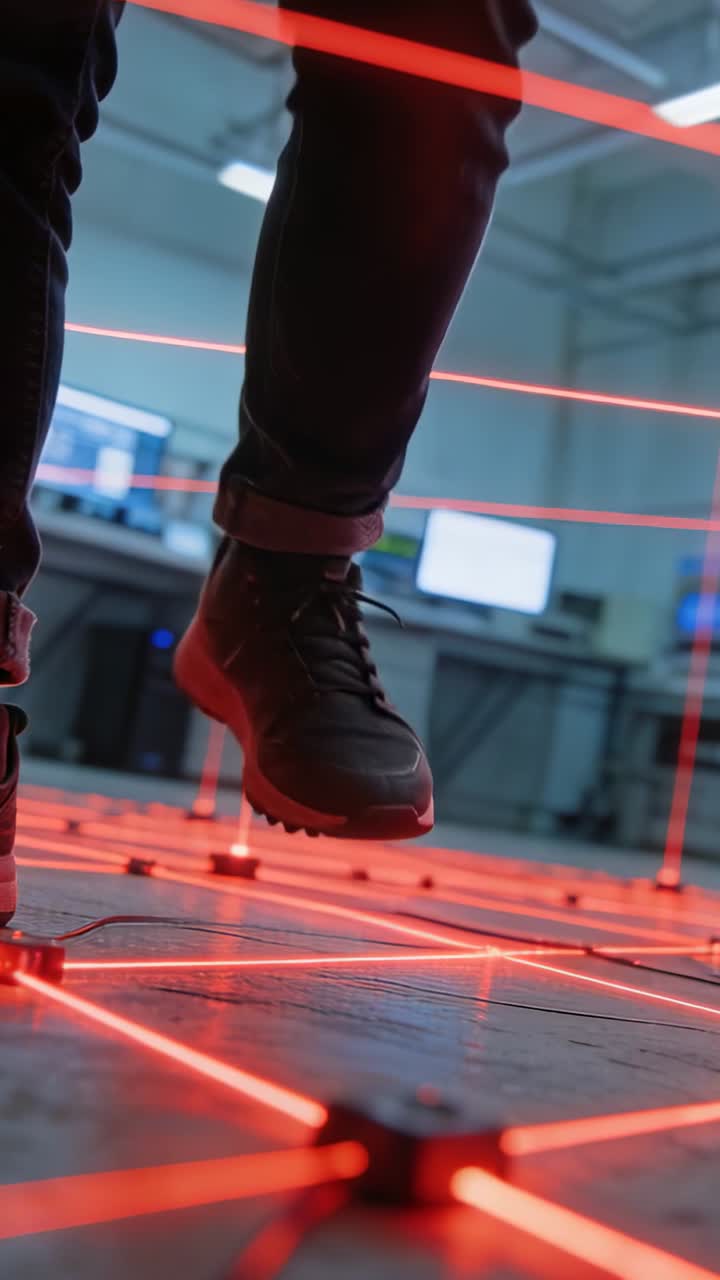 Video verticale: Uomo che fa un passo in avanti, attraversando i nodi di una griglia laser rossa, in jeans scuri e stivali.