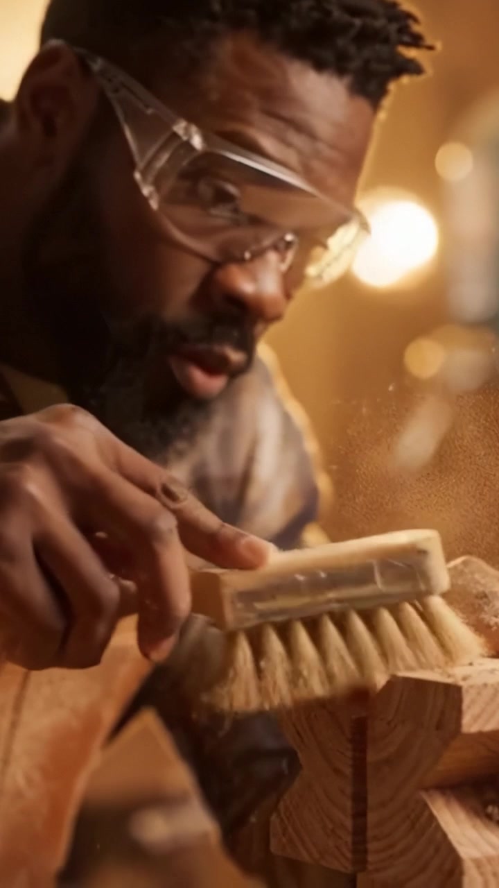 Crafting Precision: A Skilled Artisan Carefully Polishing Woodwork with a Brush in a Warm Workshop Setting, Highlighting Craftsmanship and Attention to Detail.