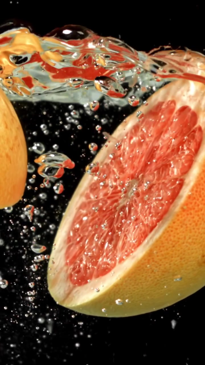 Mezzo pompelmo fresco sommerso in acqua limpida con bolle