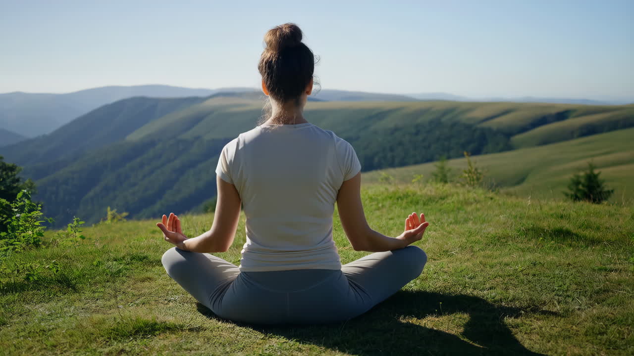 Woman meditating on a mountain peak