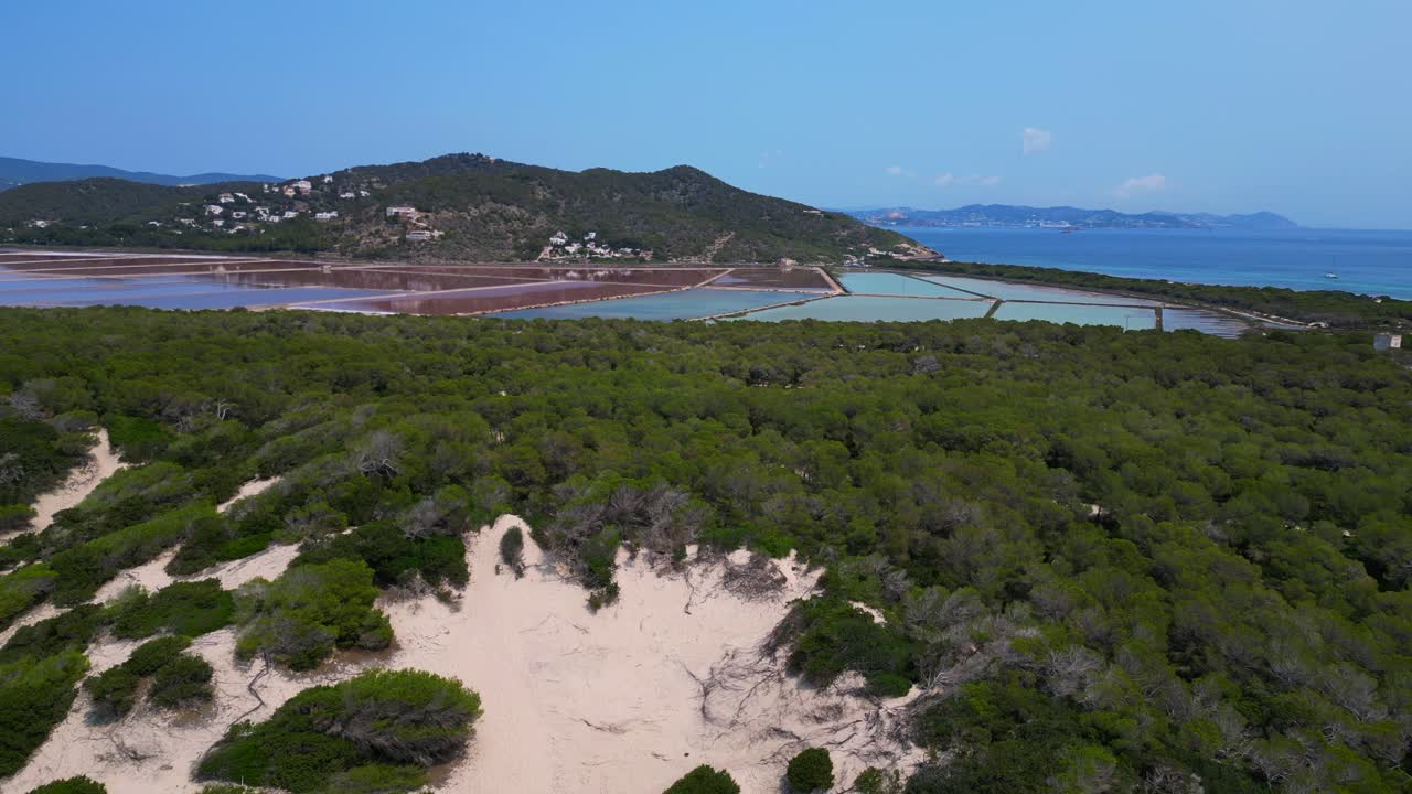 colorful salt flats of Ibiza with the Mediterranean vegetation in the foreground. Great aerial view flight drone shot footage from above