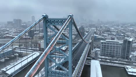 aerial shot of the benjamin franklin bridge on a snowy day