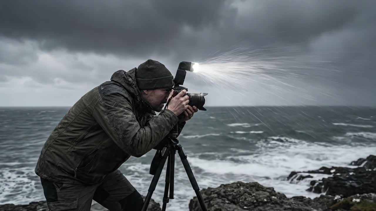 Fotógrafo tirando fotos de ondas oceânicas tempestuosas com câmera e flash