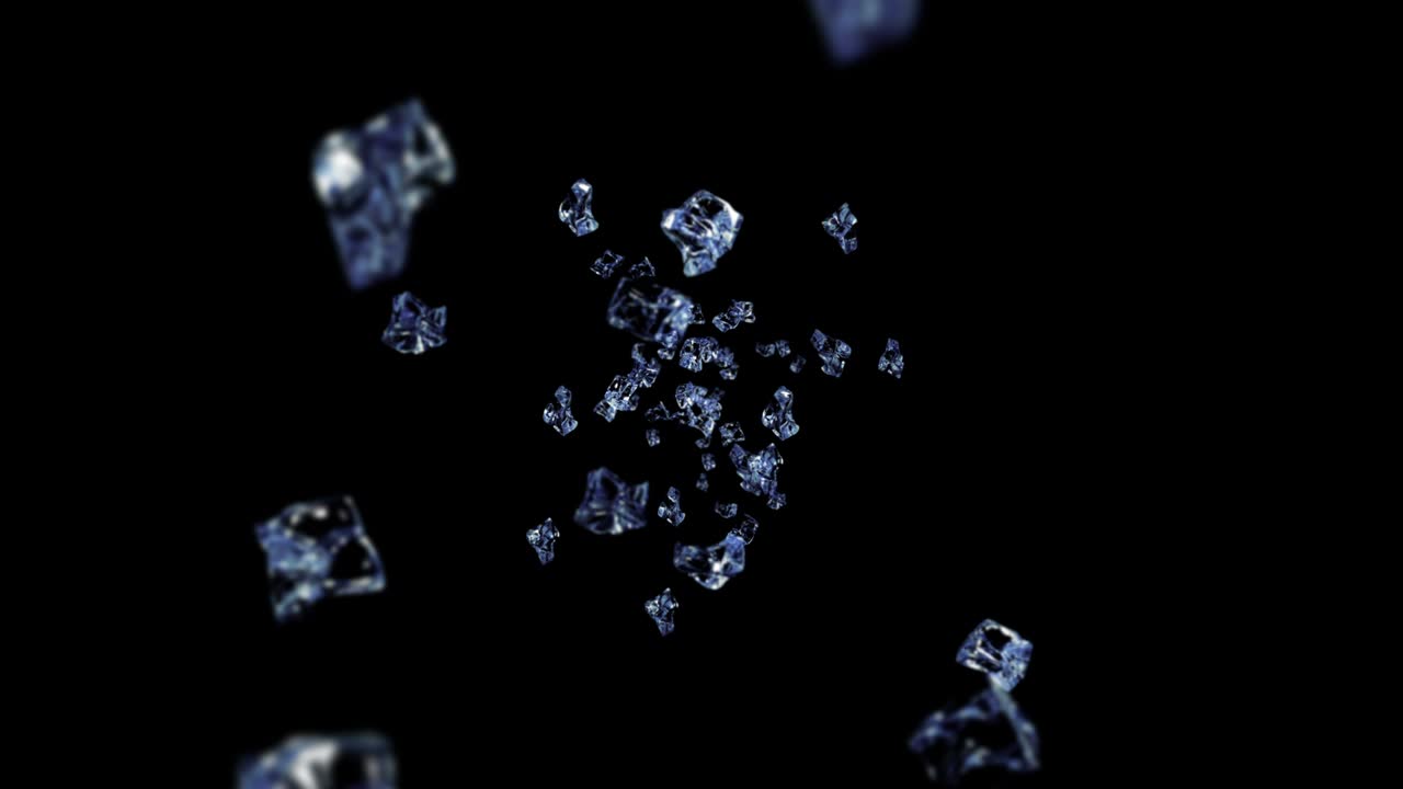 volando muchos cubos de hielo limpios sobre un fondo negro. piezas de hielo triturado, agua natural. animación 3d de hiela triturada girando. animación de bucle.
