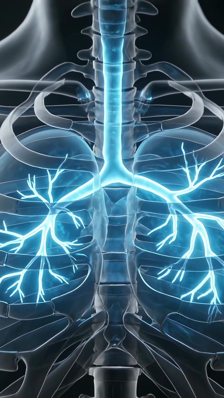 Video verticale: Telecamera che arretra rivelando torace, trachea e bronchi che pulsano di blu per mostrare il flusso d'aria.