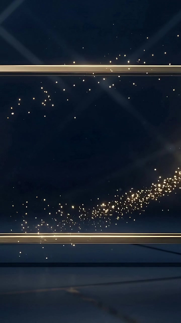 Vidéo verticale : Traînée dorée lumineuse s'arquant sur un fond bleu marine, encadrée par des barres dorées.