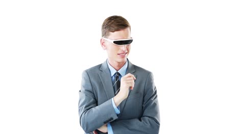 businessman in virtual video glasses using digital screen