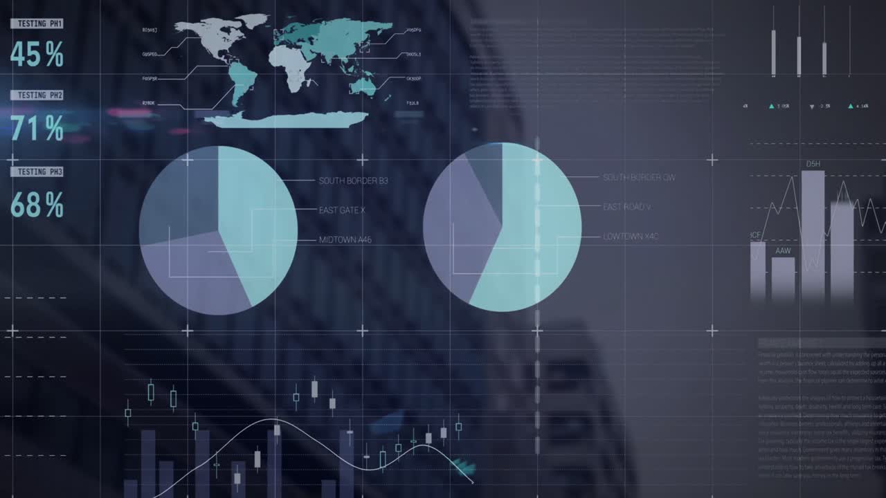 Animation of infographic interface over low angle view of modern building against sky