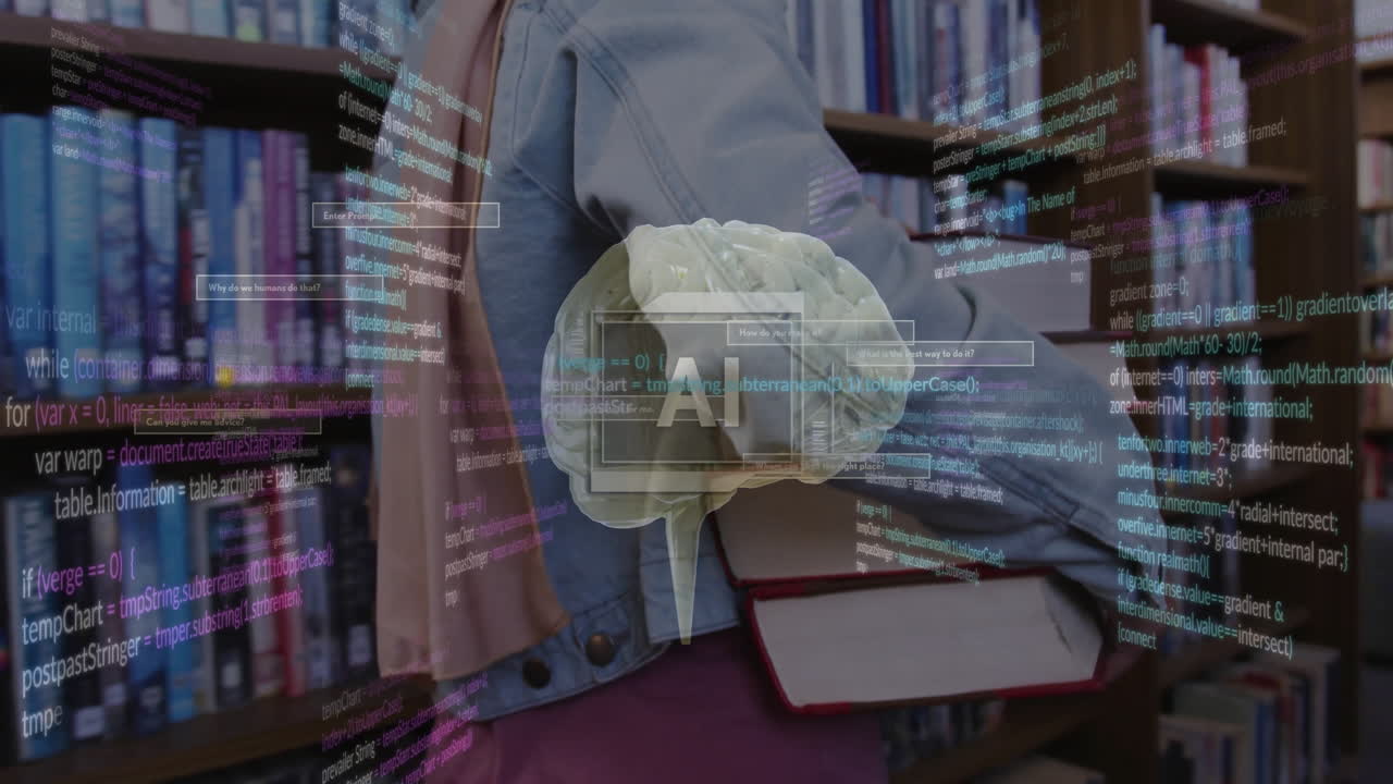 animación de un texto, cerebro y datos sobre una estudiante biracial en hijab con libros