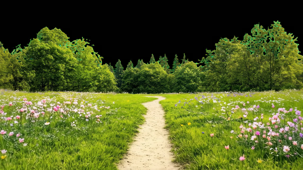 Serene path through blooming meadow animated overlay, transparent 4K video, alpha channel, ProRes