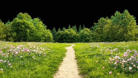 serene path through blooming meadow animated overlay, transparent 4k video, alpha channel, prores