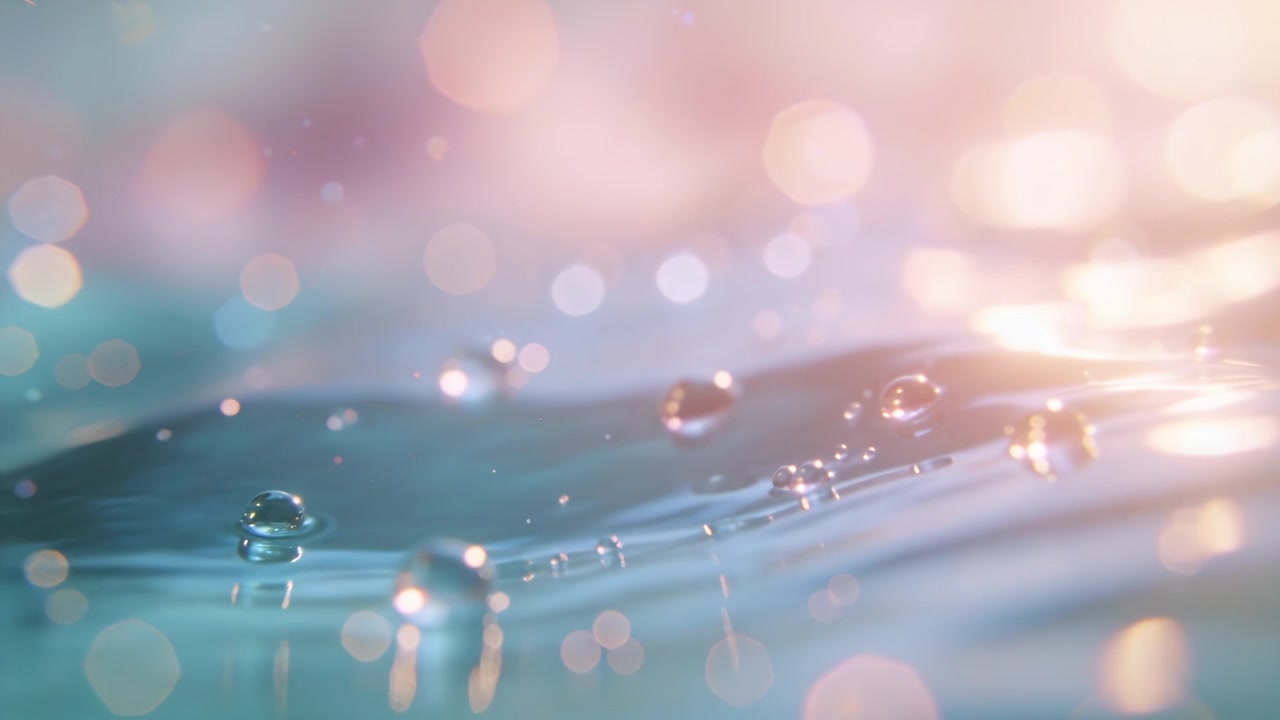 實驗室水面波光粼粼，水滴滑落，光線流轉間泛起漣漪，映照出閃爍光球。