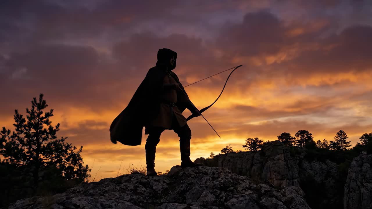 Silhueta de um arqueiro mirando com arco e flecha ao pôr do sol