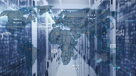 Animación-Del-Mapa-Mundial,-Puntos-De-Luz-Y-Cuadrados-De-Mosaico-Contra-La-Sala-De-Servidores-De-Computadoras