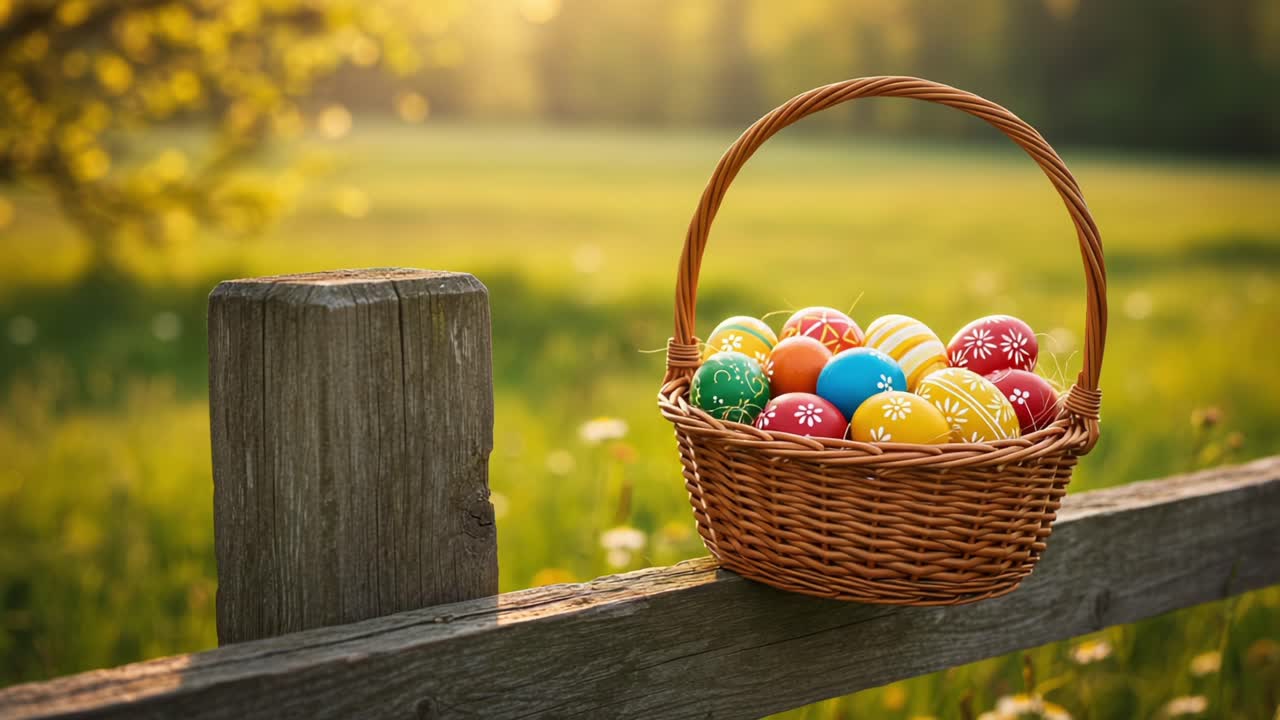 A Colorful Basket of Easter Eggs Resting on a Wooden Fence in a Sunlit Field, Capturing the Joy and Vibrancy of Springtime Celebrations Amidst Nature's Beauty