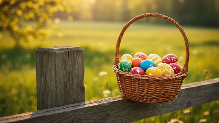 A Colorful Basket of Easter Eggs Resting on a Wooden Fence in a Sunlit Field, Capturing the Joy and Vibrancy of Springtime Celebrations Amidst Nature's Beauty