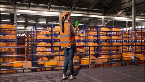 full body back view of asian female engineer with safety helmet standing in the warehouse with shelves full of delivery goods. using green screen smartphone and looking around the storage