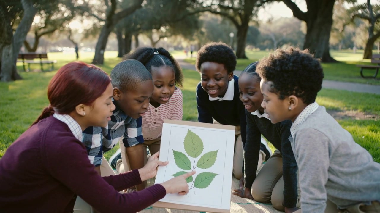 Jeune fille rousse tenant un spécimen de plante encadré, guidant ses camarades qui examinent des feuilles à une table de pique-nique dans un parc.