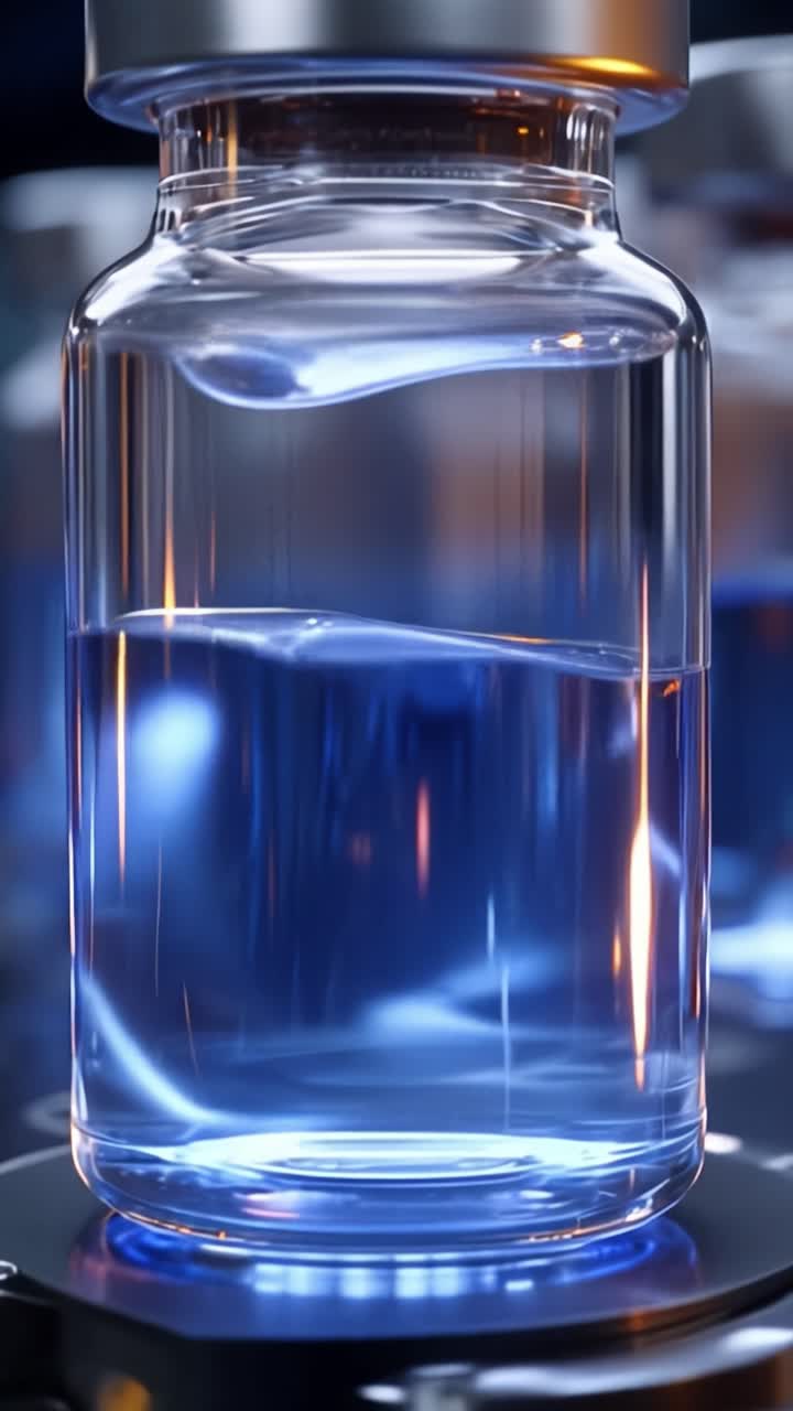Close-Up of Clear Vials Containing Water on a Laboratory Surface, Reflecting Blue Light, Highlighting the Precision of Pharmaceutical Manufacturing Processes