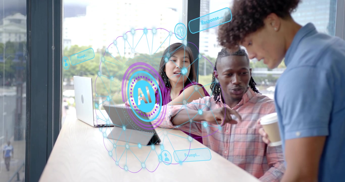 Business team initiating tablet input and revealing holographic AI network while passing coffee