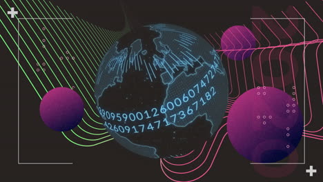 digital globe with neon lines and numbers animation over dark background with spheres