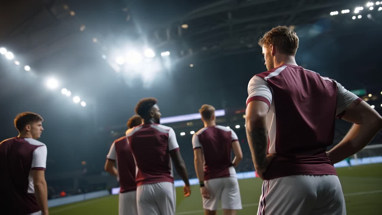 Cinco jugadores permanecen unidos en un campo vasto y resplandeciente. Se enfrentan a un estadio distante y resonante, bañado en luces brillantes. Sus camisetas granates contrastan con el campo verde bajo sus pies.