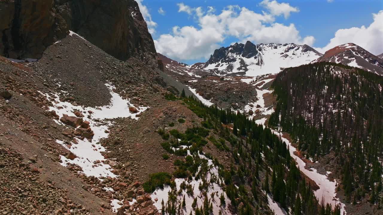 Mt Mount Lindsey 14er Northwest Ridge hike route trail Blanca Peak Sangre De Cristo Range aerial drone Colorado spring summer snow fields morning blue sky clouds Rocky Mountains circle right motion