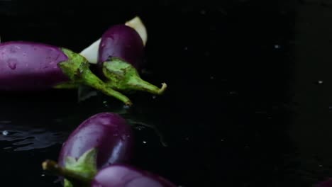 eggplant aubergine brinjal slices and wholes drop onto water on black background