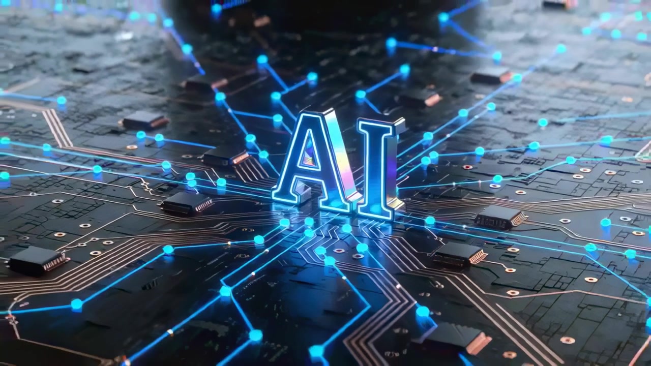 Pulsing metal AI emblem sending blue node pulses across dark circuit board, forming rising network