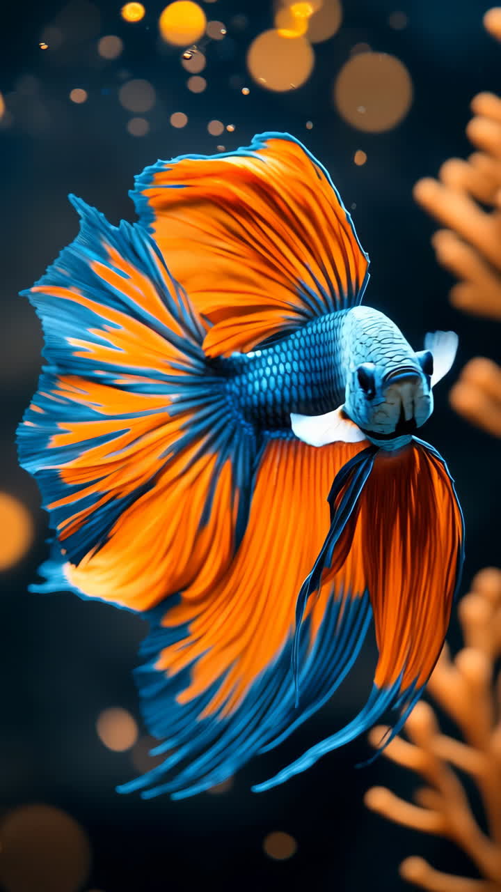Colorful betta fish swimming gracefully. A vivid betta fish with flowing fins swims through water, displaying bright blue and orange colors in a calm habitat.