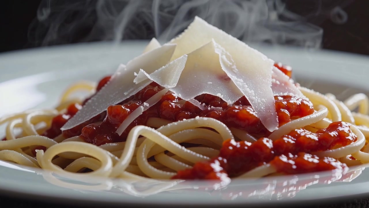 Piatto fumante di spaghetti al sugo di pomodoro e Parmigiano
