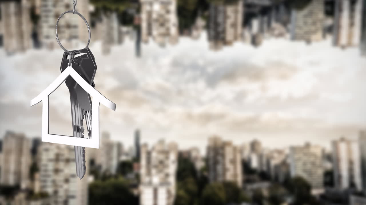 Animation of silver house key and jey fob over cityscape