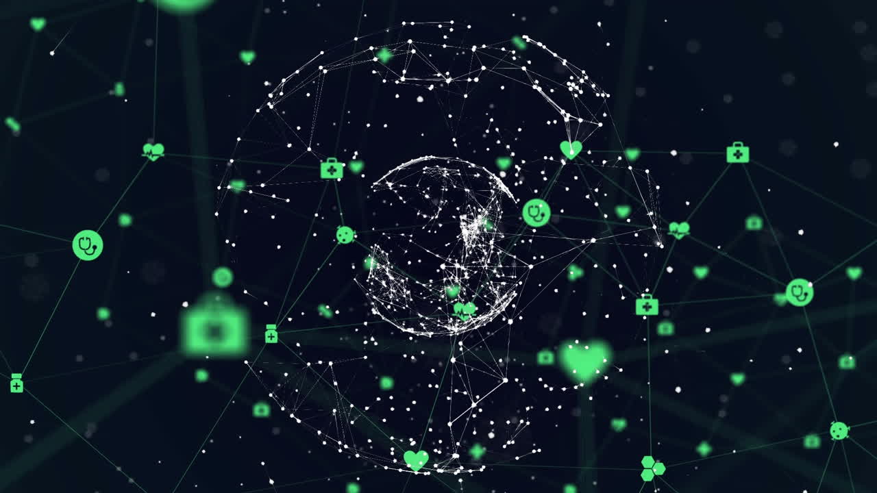 video compuesto digital de una red de conexiones con iconos que forman un globo contra un fondo negro