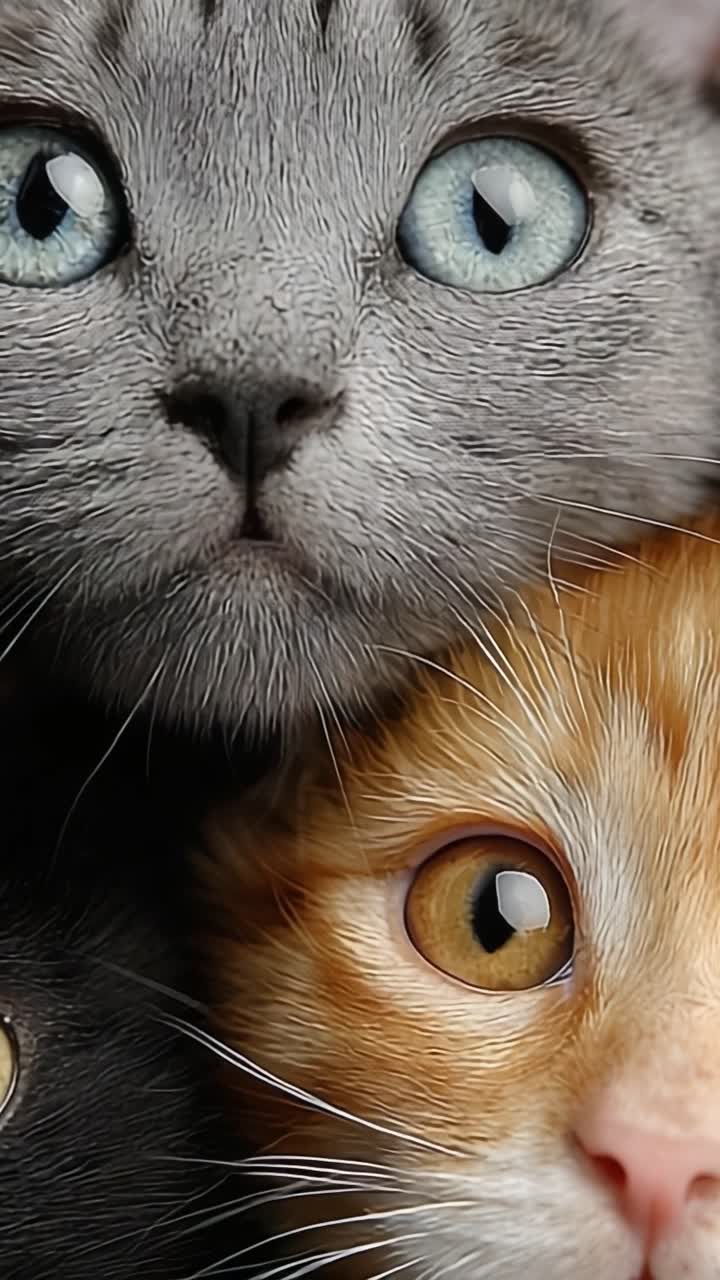 Due adorabili gatti: Uno sguardo ravvicinato ai volti incantevoli di un duo felino grigio e arancione, catturando le loro espressioni uniche e gli occhi intriganti.