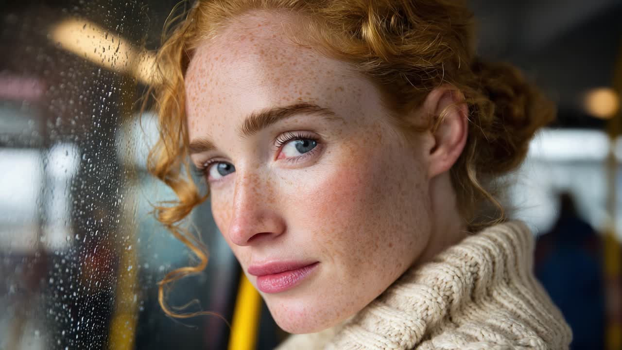 A Thoughtful Moment: A Freckled Redhead Gazes Through a Rain-Drenched Window in a Cozy Setting, Capturing Introspection and the Beauty of Quiet Reflection