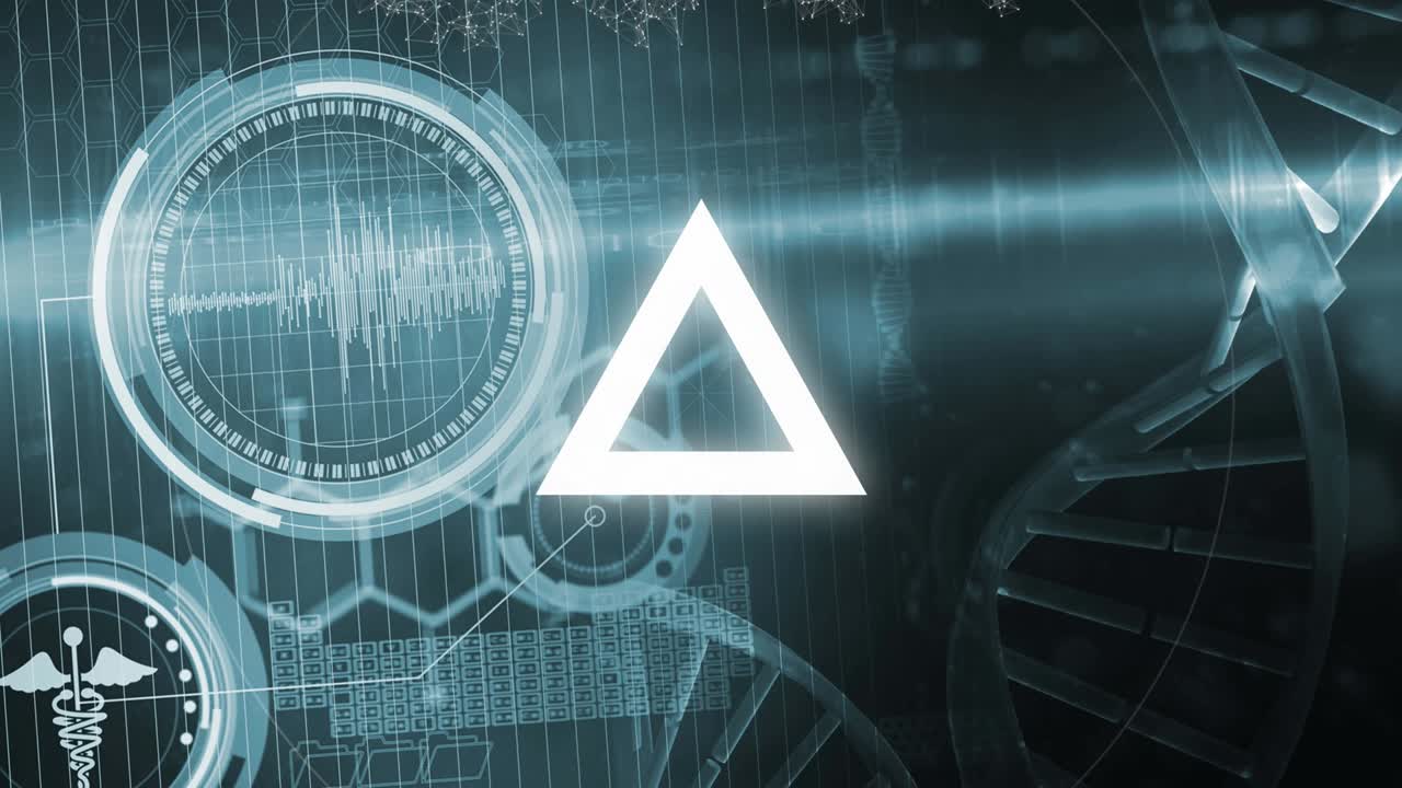 animación de triángulos y hilos de adn girando con procesamiento de datos