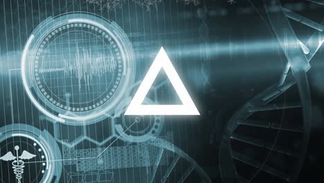 Animation of triangles and dna strand spinning with data processing