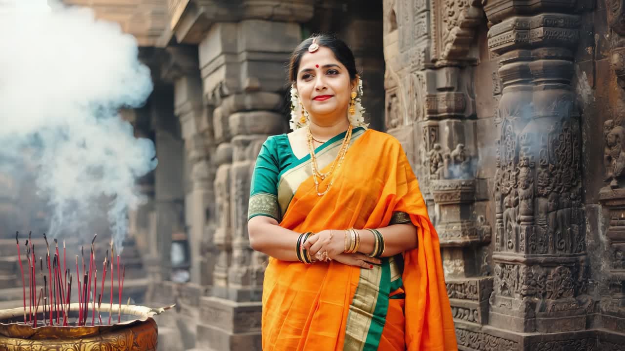 Elegant indian woman wearing a traditional orange sari and gold jewelry is praying in a hindu temple with burning incense sticks creating a mystical atmosphere