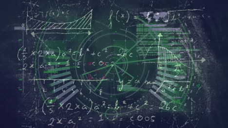 Animation-of-circular-scanner,-mathematical-equations-and-data-on-dark-background