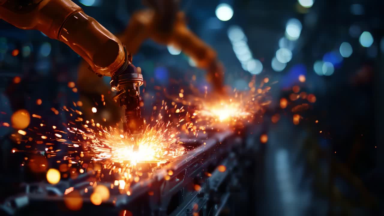 Automated Robotic Arms in Action Creating Sparks in a High-Tech Manufacturing Environment with Dynamic Industrial Machinery and Vibrant Background Lighting Effects