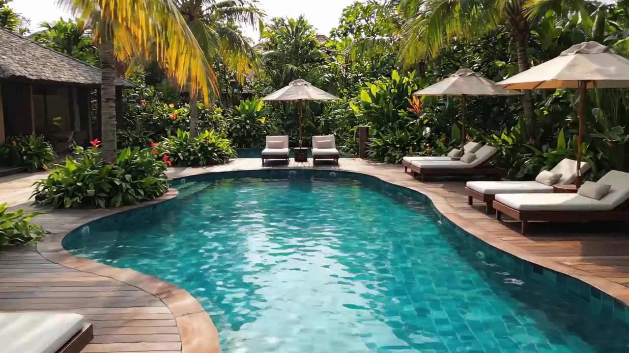 Tranquil Luxury Retreat: A Serene Poolside Escape Surrounded by Lush Greenery and Vibrant Flowers for Ultimate Relaxation and Leisure