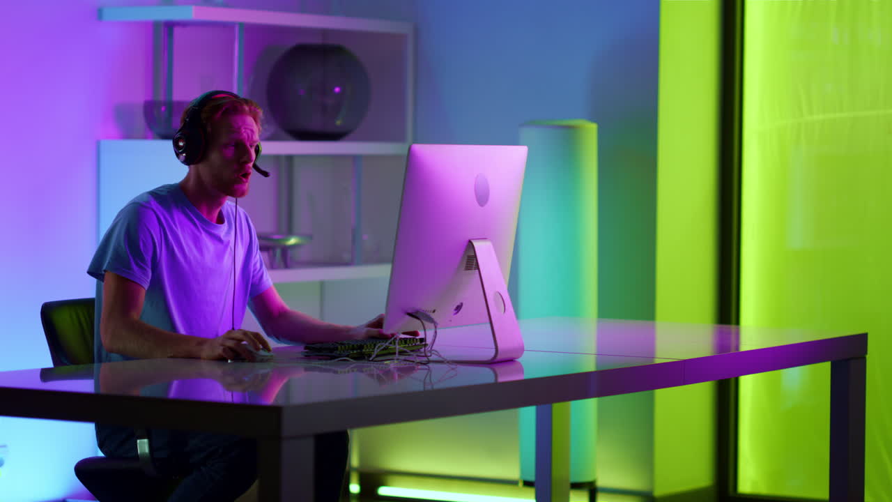 Cyber gamer fail online tournament battle. Angry ginger man resting on weekend